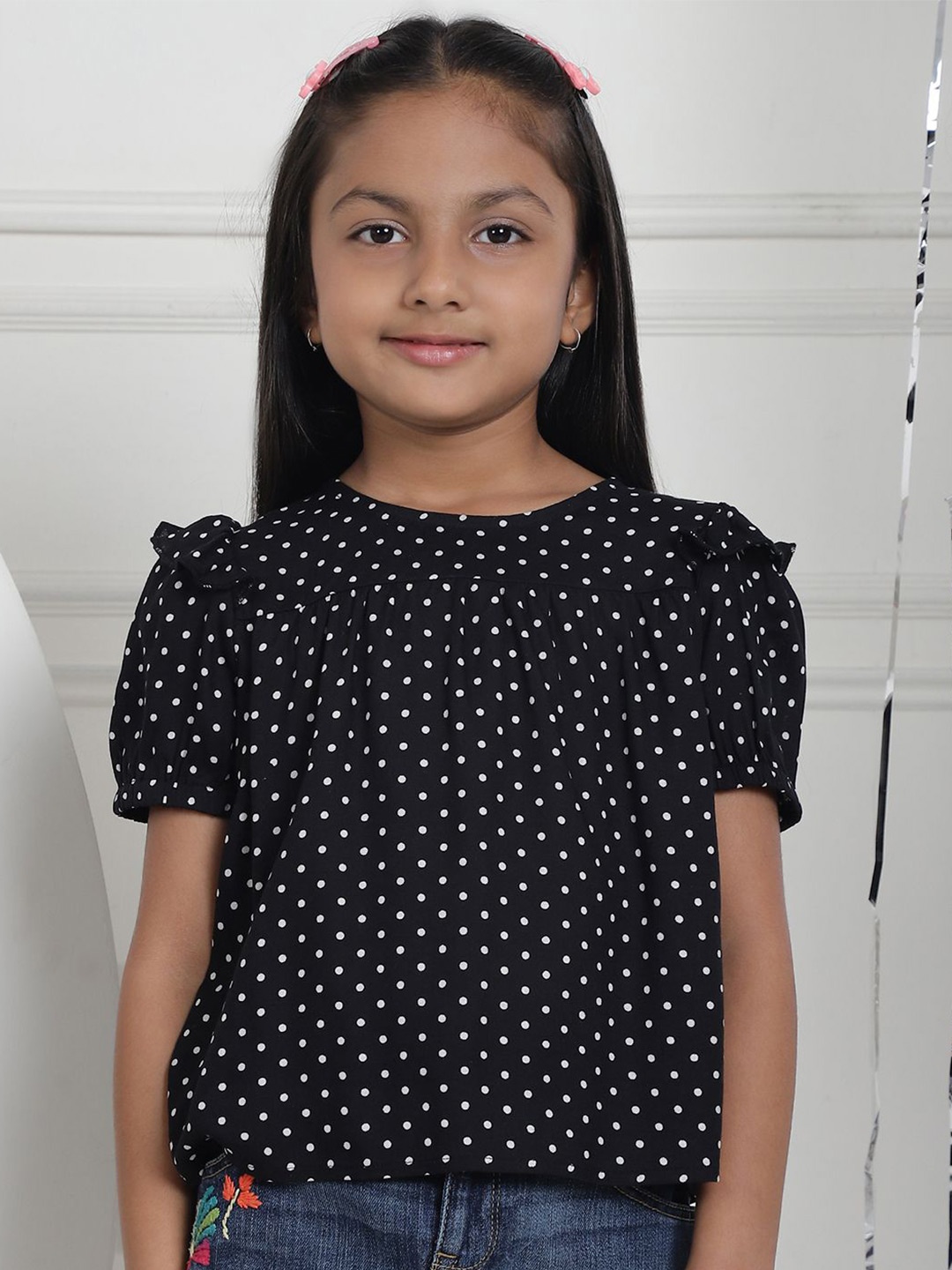 

MINI & MING Girls Polka Dot Puff Sleeves Printed Top, Black