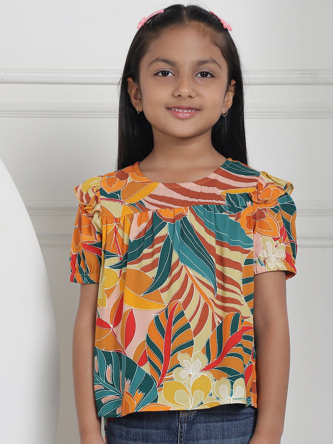 

MINI & MING Girls Tropical Printed Puff Sleeves Regular Top, Blue