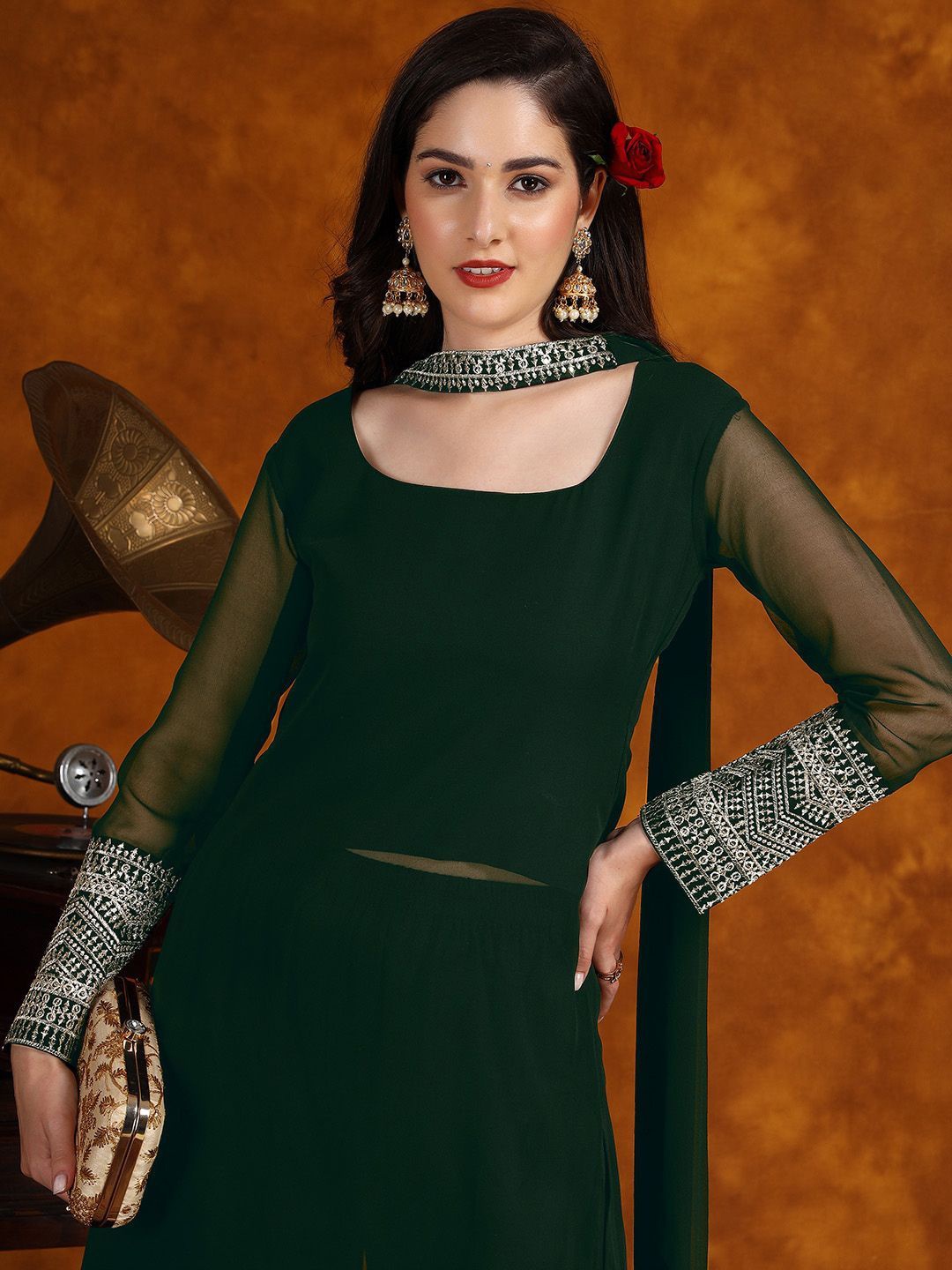 

Sangria Embroidery Georgette Kurta Palazzo With Dupatta Set, Green