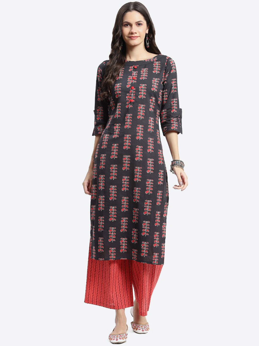 

Kurti's by Menka Ethnic Motifs Printed Boat Neck Pure Cotton Kurta With Palazzos, Red