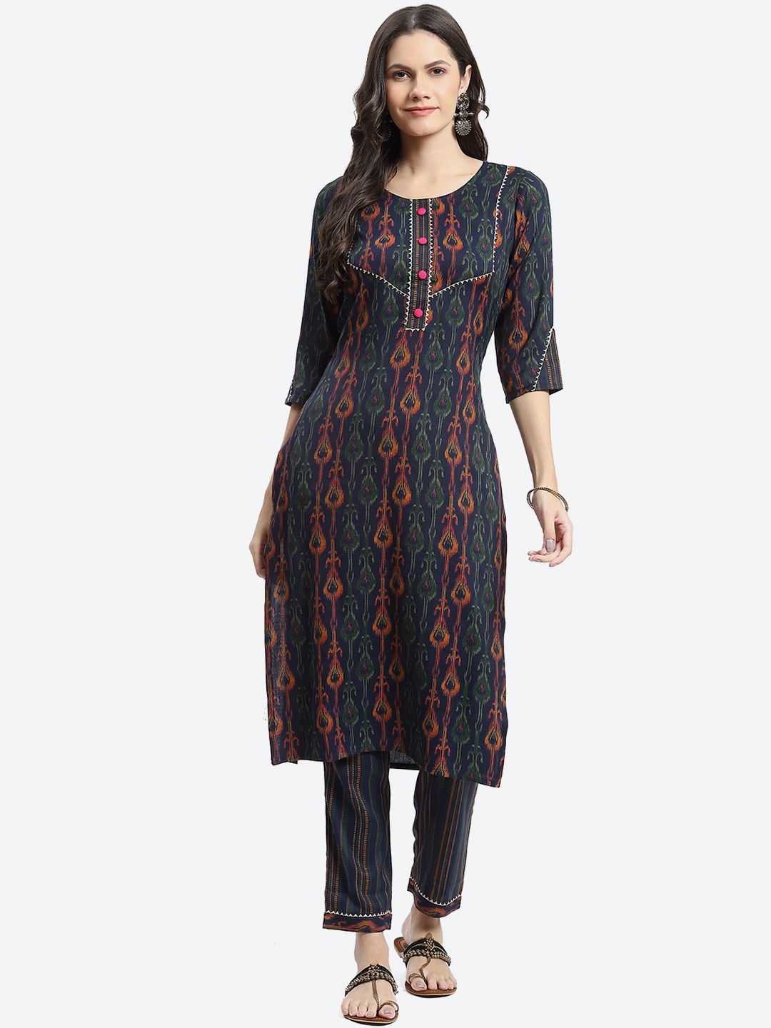 

Kurti's by Menka Women Printed Regular Kurta with Trousers, Navy blue