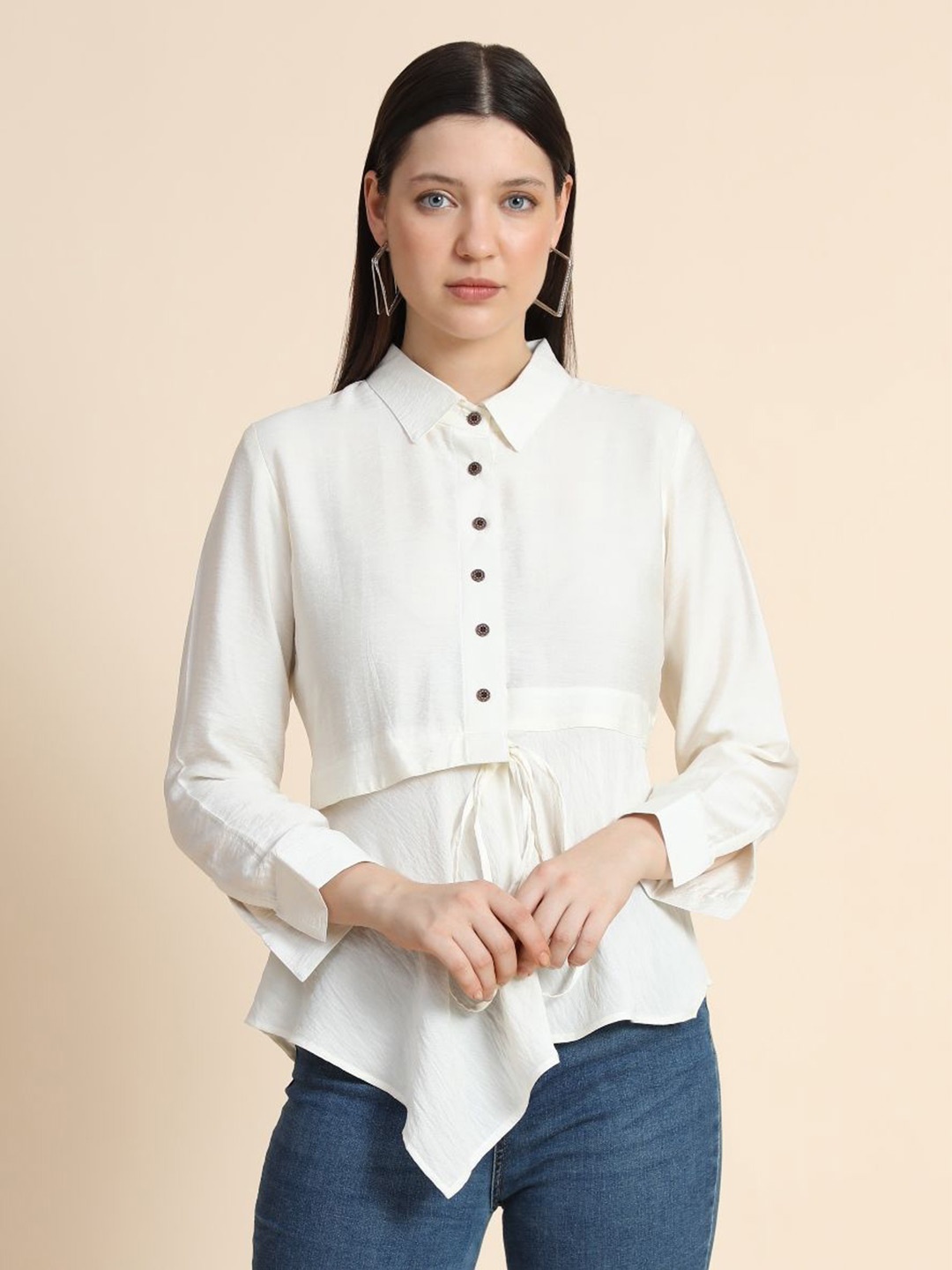 

BAESD Cuffed Sleeves Waist Tie-Ups Shirt Style Top, White