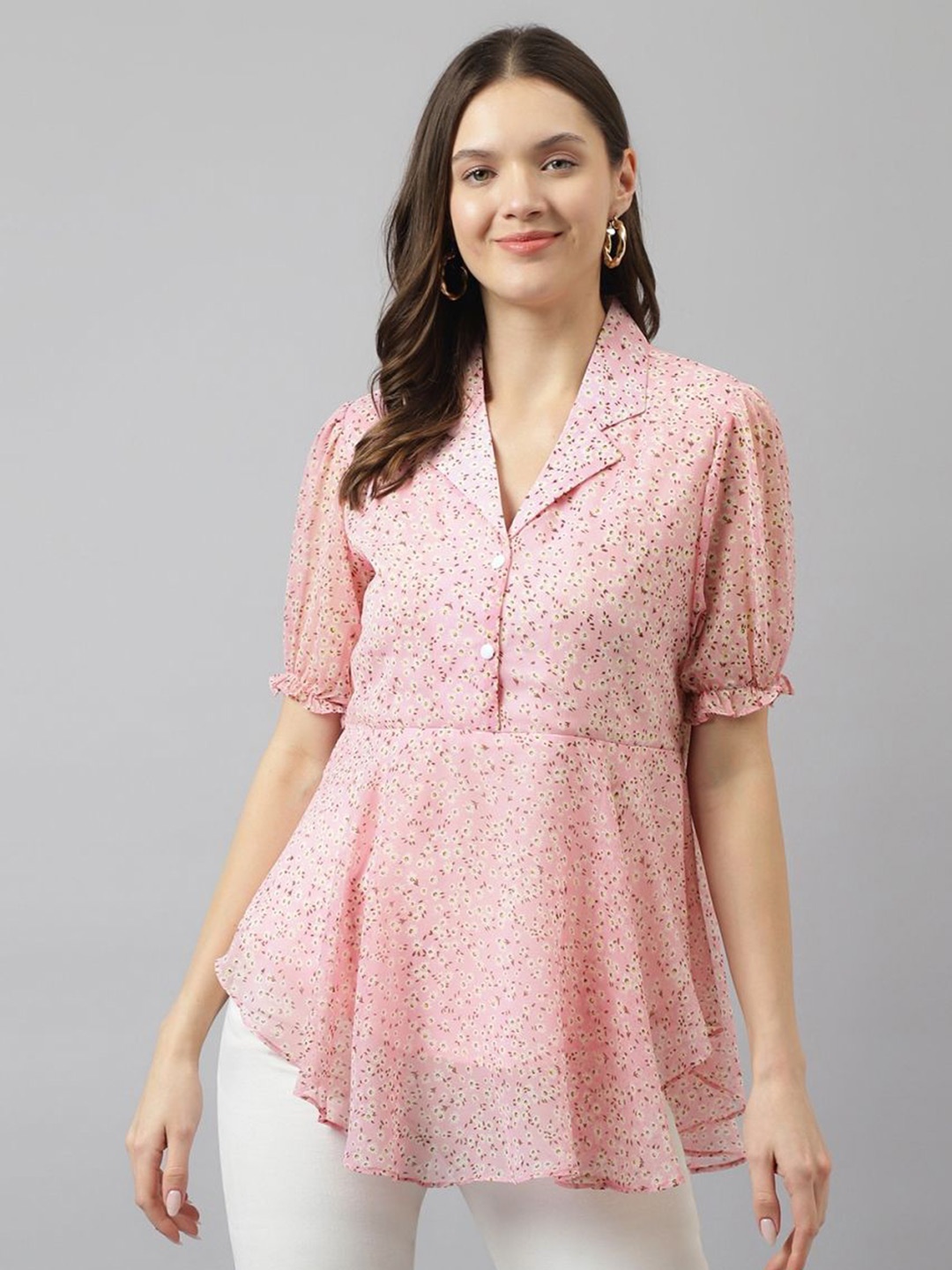 

BAESD Floral Print Lapel Collar Puff Sleeves Georgette A-Line Top, Pink
