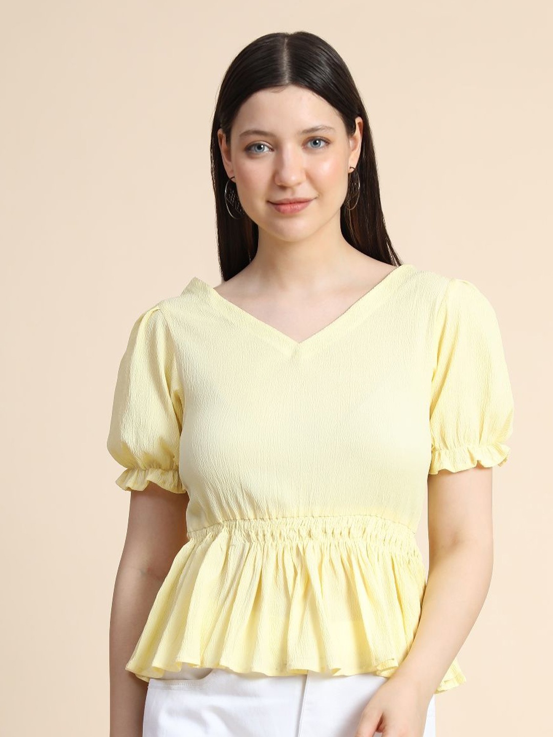 

BAESD Puff Sleeve Smocked Cinched Waist Crop Top, Yellow