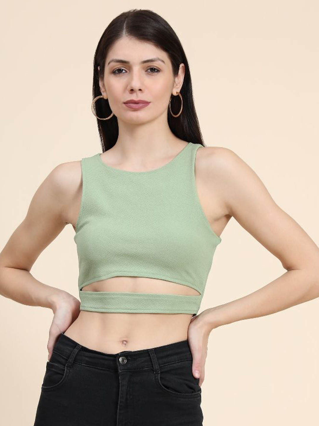 

BAESD Round Neck Sleeveless Cut Out Crop Fitted Top, Green