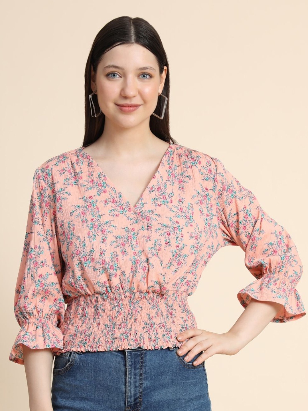 

BAESD Floral Print V-Neck Puff Sleeves Smocking Cinched Waist Top, Peach