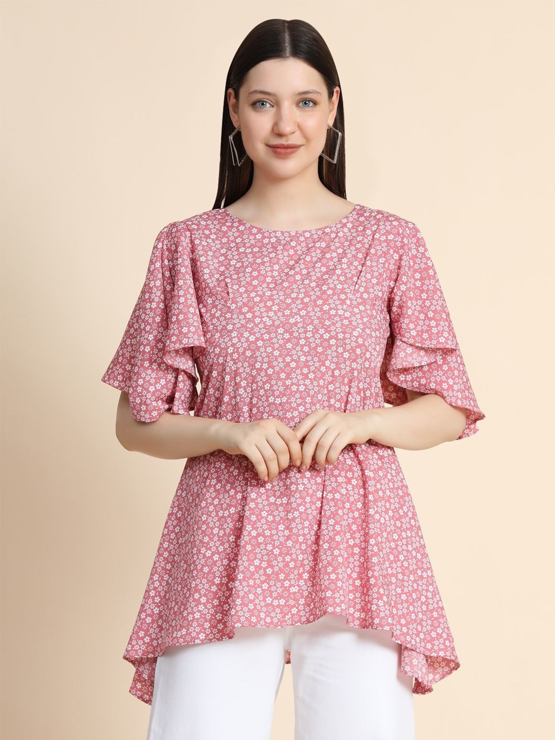 

BAESD Floral Print Round Neck Flared Sleeves Longline A-Line Top, Pink