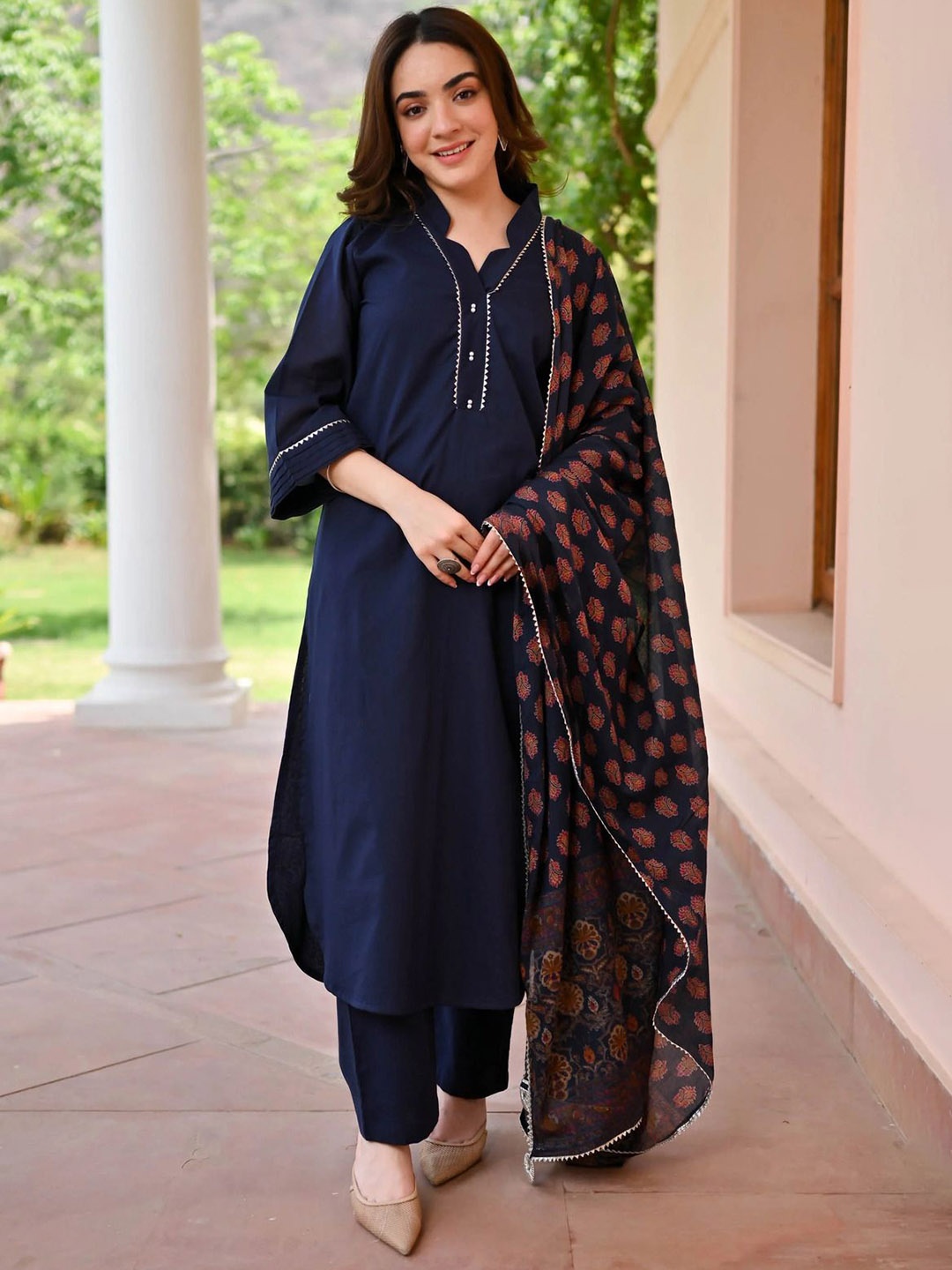 

KALINI Yoke Design Mandarin Collar Gotta Patti Straight Kurta with Trousers & Dupatta, Navy blue