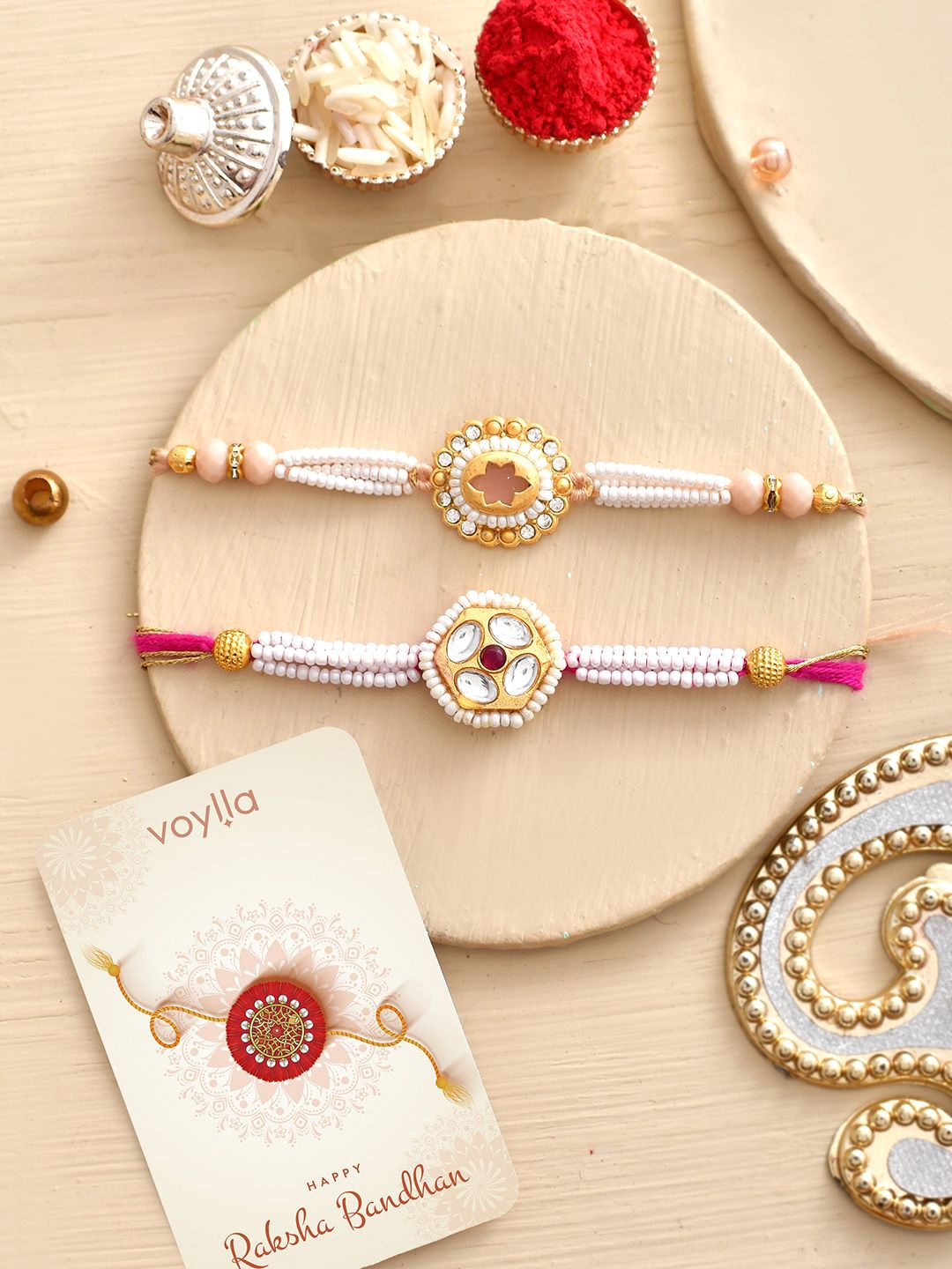 

Voylla Men Pearls And Colourful Gems Traditional Rakhi, Gold