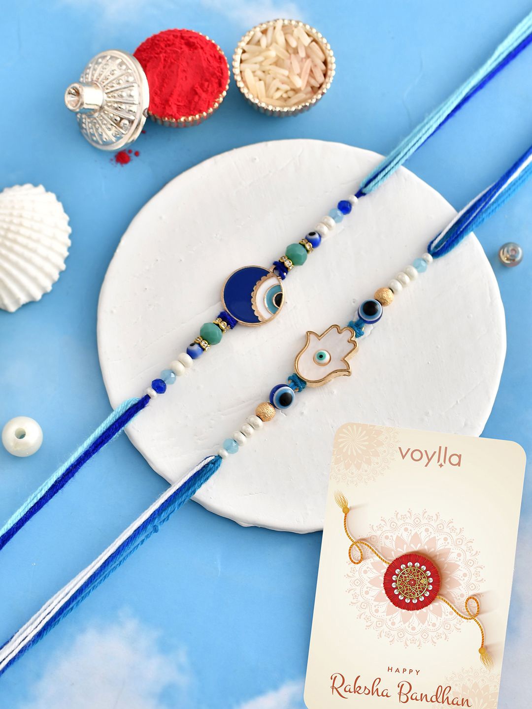 

Voylla Pack Of 2 Evil Eye Hamsa Charms Men's Rakhis, Blue