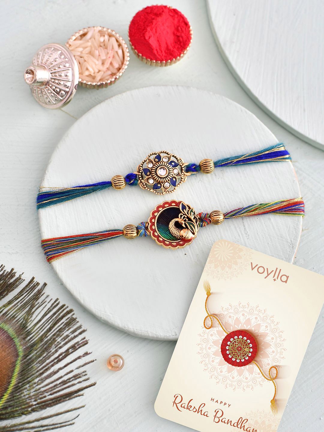 

Voylla Pack Of 2 Traditional & Divine Motifs Thread Rakhi, Gold