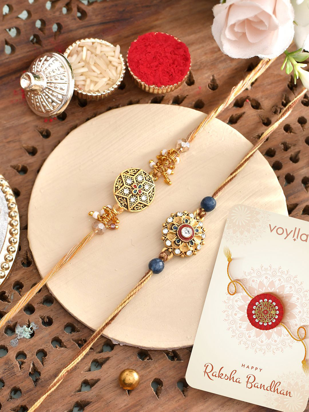 

Voylla Set Of 2 Gemstones and Beads Embellished Rakhis, Red