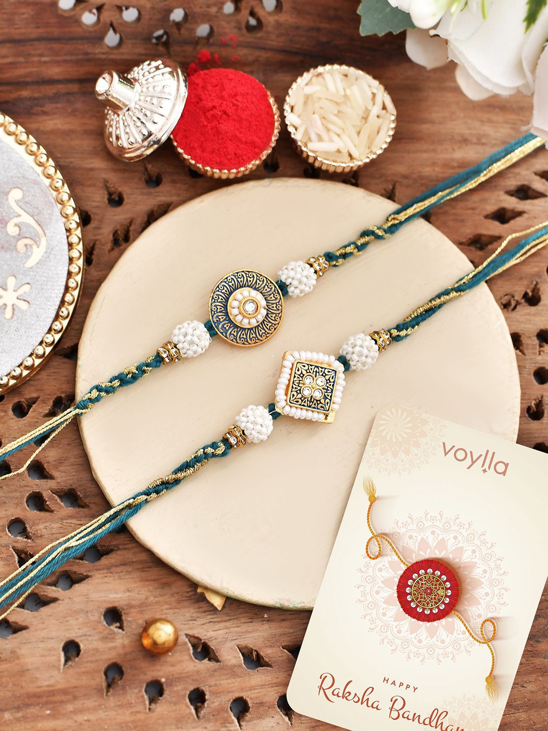 

Voylla Traditional Inspired Men's White Pearls Embellished Thread Rakhis, Gold