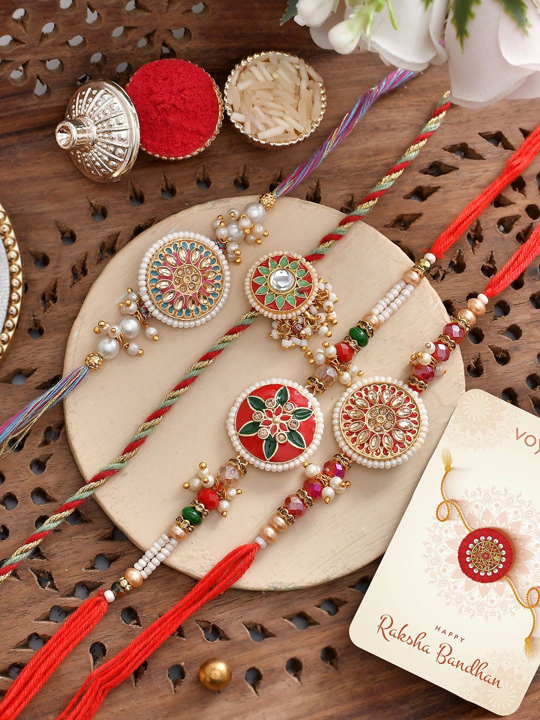 

Voylla Pack Of 4 Colourful And Embellished Men's Rakhis, Red