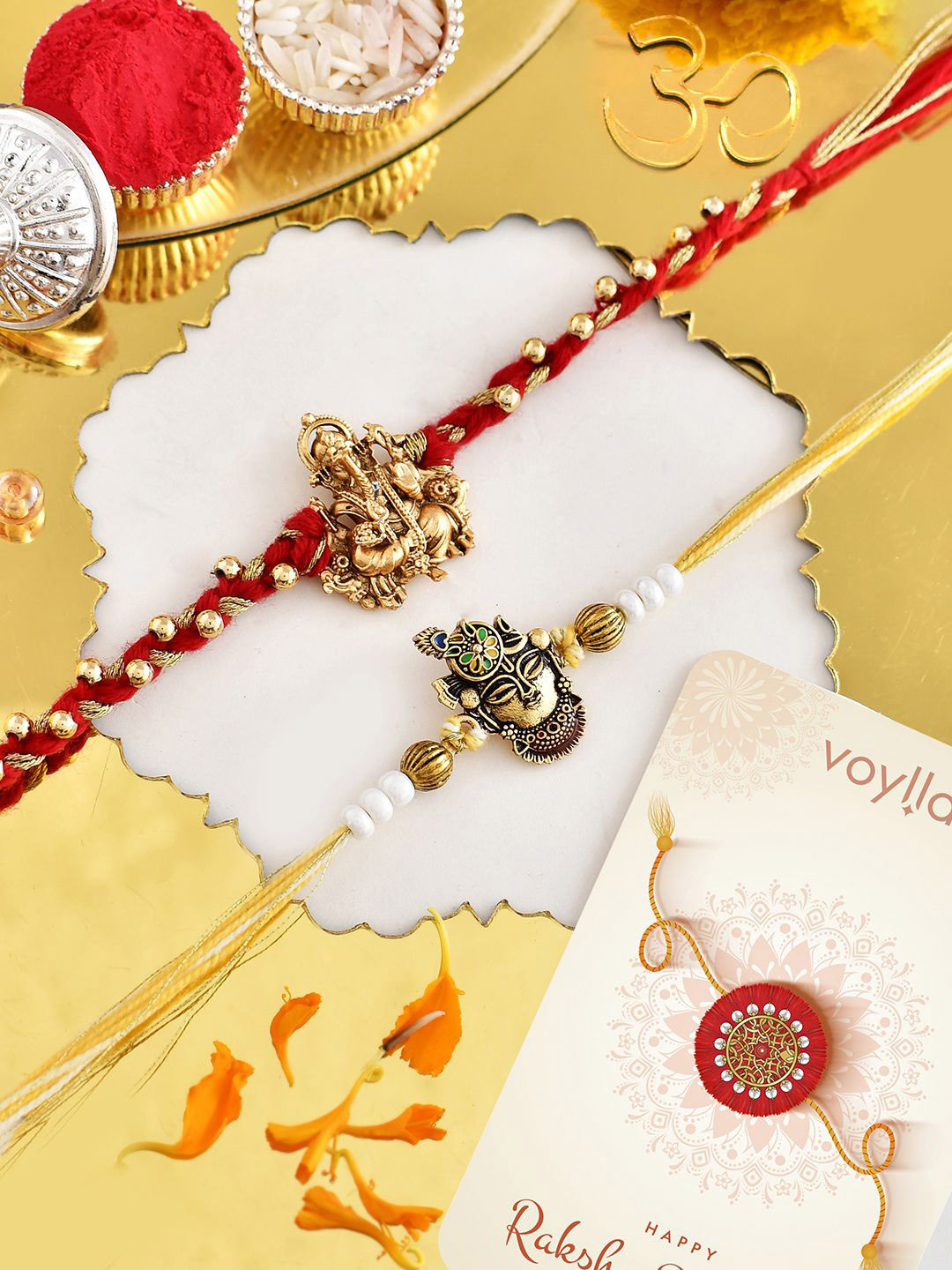 

Voylla Divine Motifs Men's Embellished Thread Rakhi, Gold