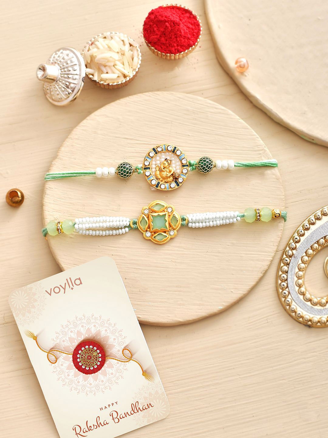 

Voylla White Pearls And Gems Traditional Men's Rakhi, Green