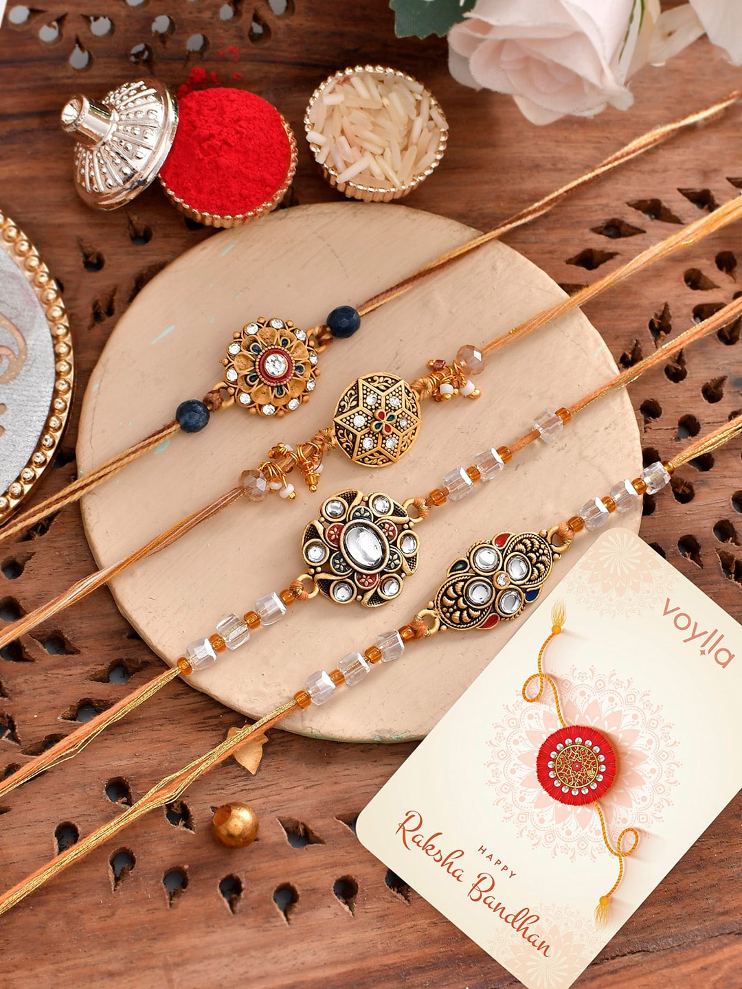 

Voylla Men Set of 4 Gemstones And Beads Embellished Thread Rakhi, Blue