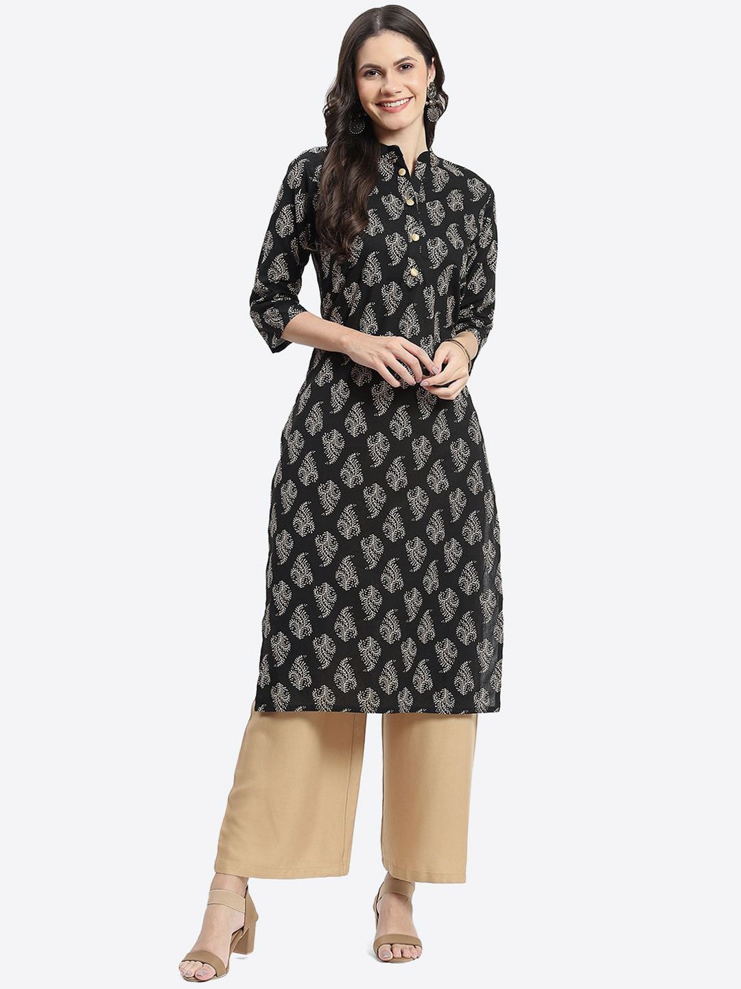 

Kurti's by Menka Mandarin Collar Ethnic Printed Straight Cotton Kurta, Black