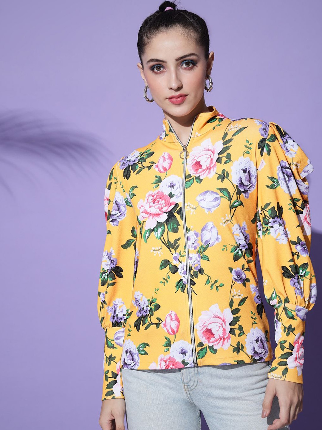 TANDUL Floral Lightweight Bomber Jacket, Yellow