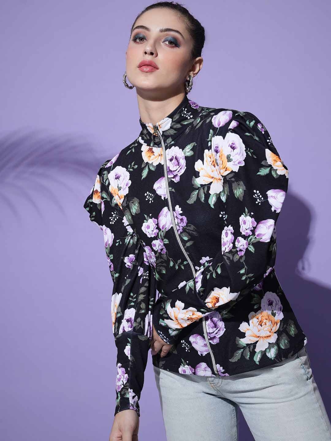 

TANDUL Floral Printed Lightweight Open Front Jacket, Black