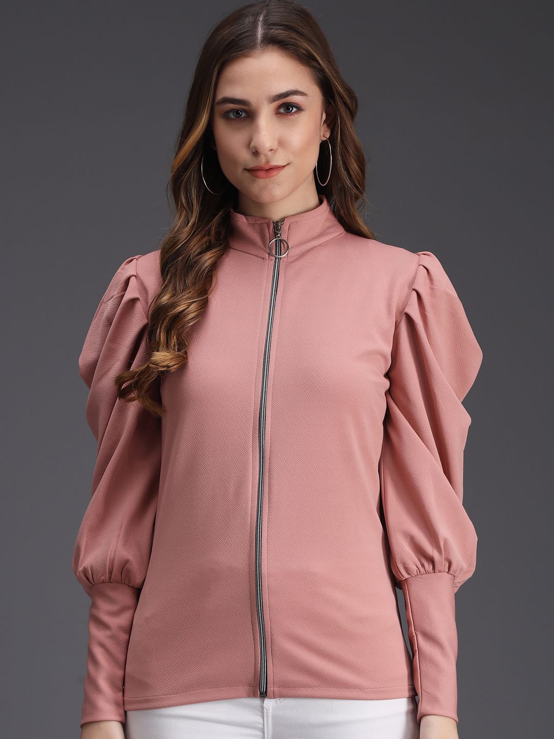 

TANDUL Mock Collar Lightweight Open Front Jacket, Pink