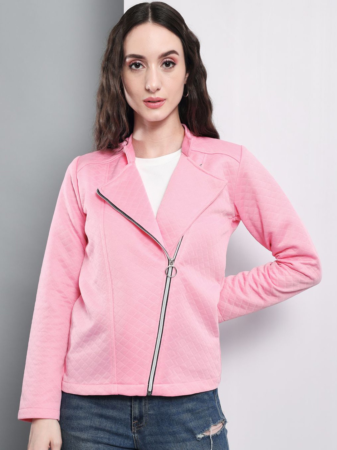 

TANDUL Lapel Collar Lightweight Biker Jacket, Pink