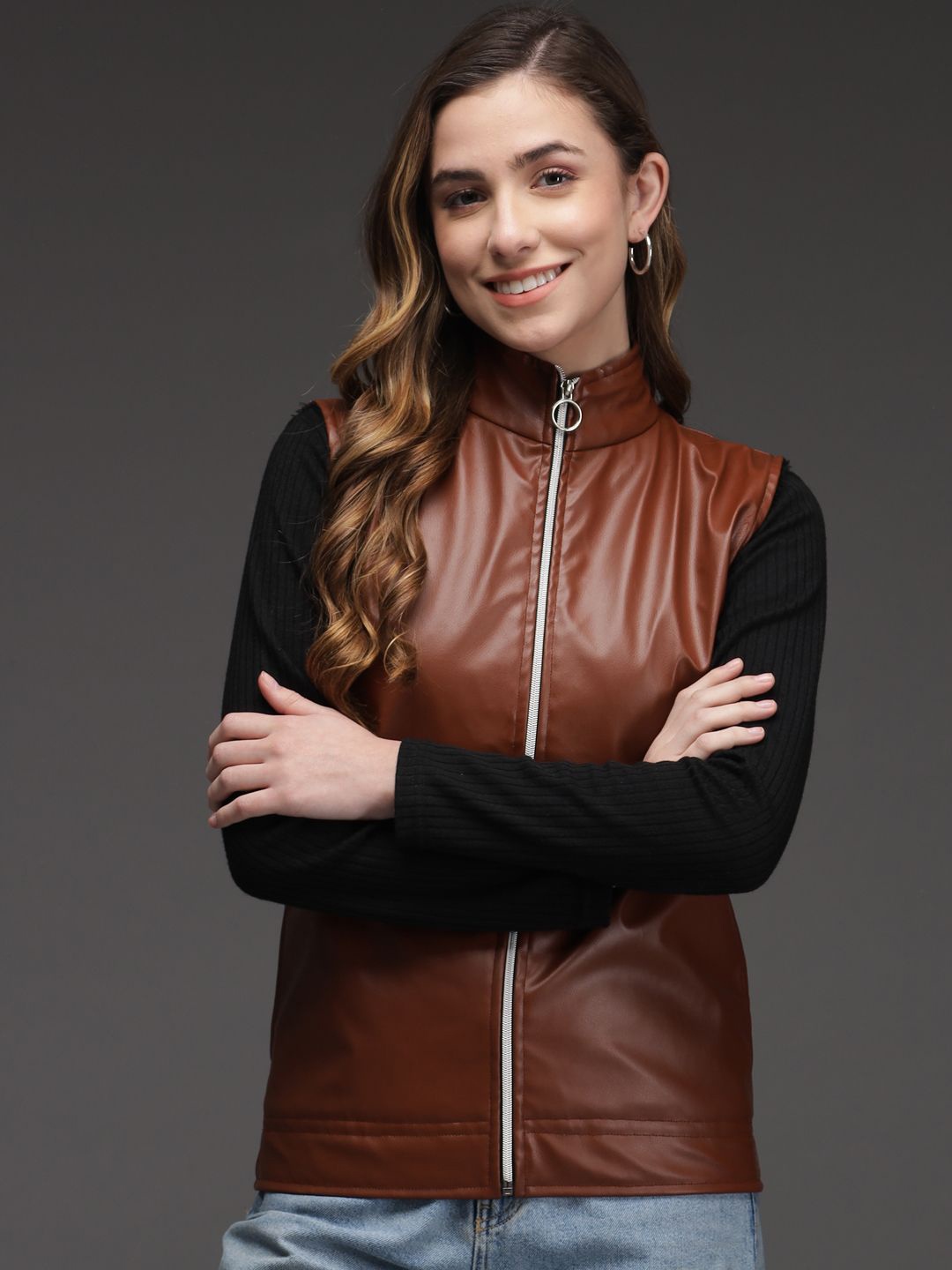 

TANDUL Mock Collar Lightweight Biker Jacket, Brown