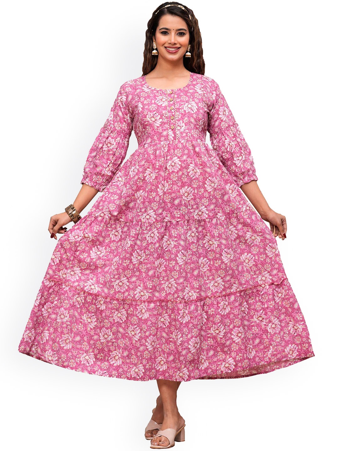 

NITVAN Floral Printed Round Neck Cotton Fit & Flare Maternity Midi Dress, Pink