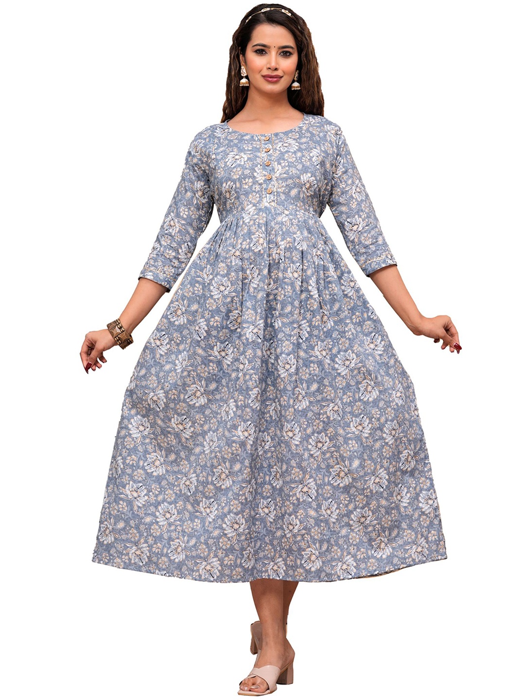 NITVAN Floral Printed Round Neck Cotton Fit & Flare Maternity Midi Dress, Grey