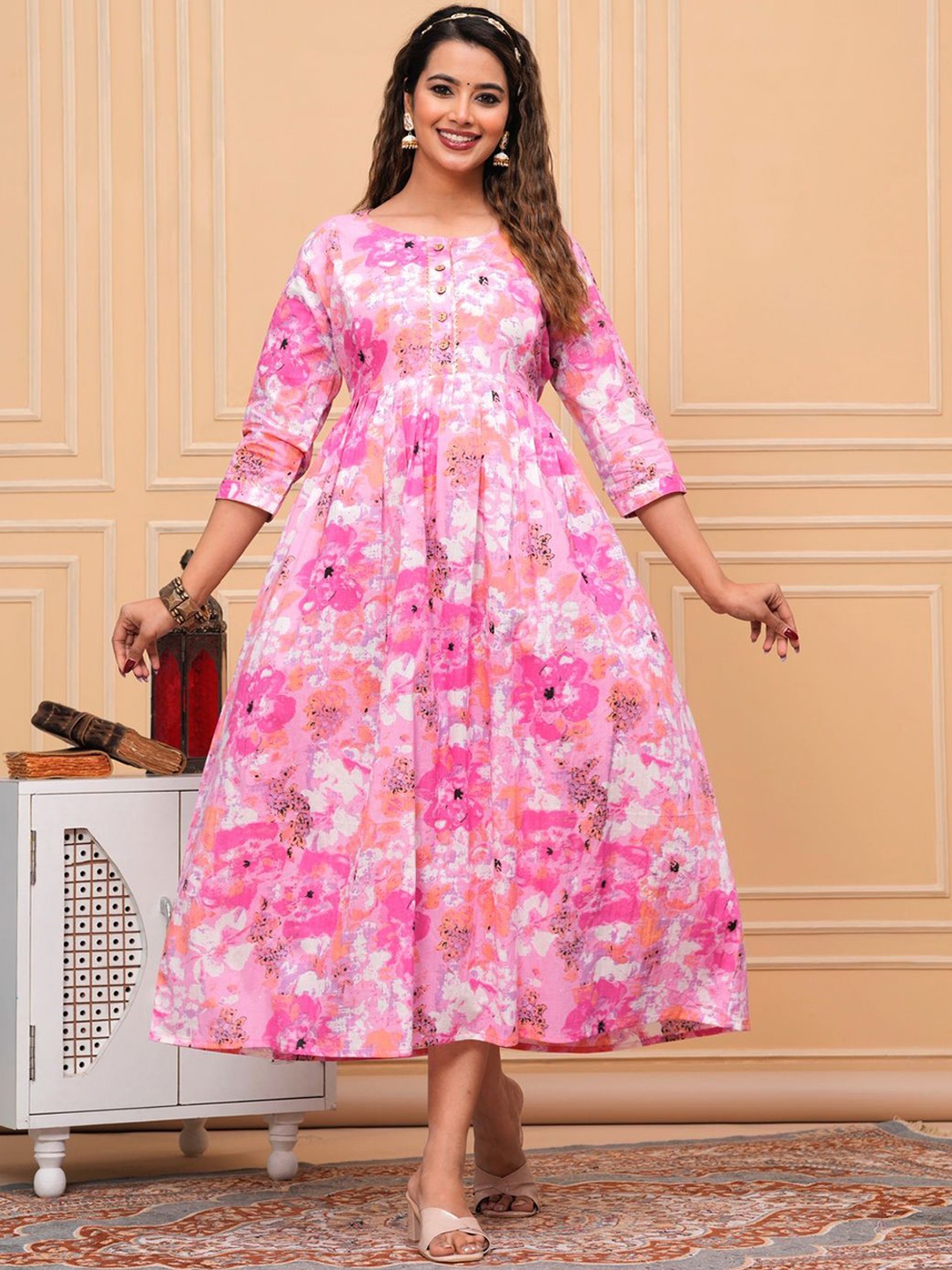 

NITVAN Floral Printed Round Neck Cotton Fit & Flare Maternity Midi Dress, Fuchsia