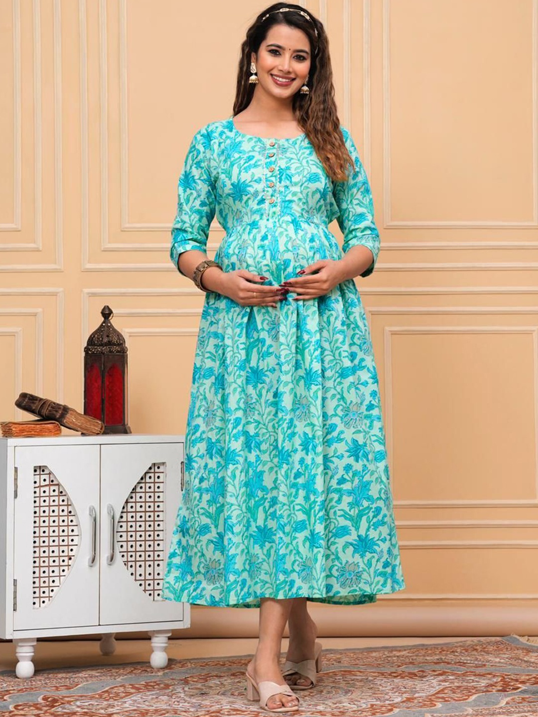 

NITVAN Floral Printed Round Neck Cotton Fit & Flare Maternity Midi Dress, Green