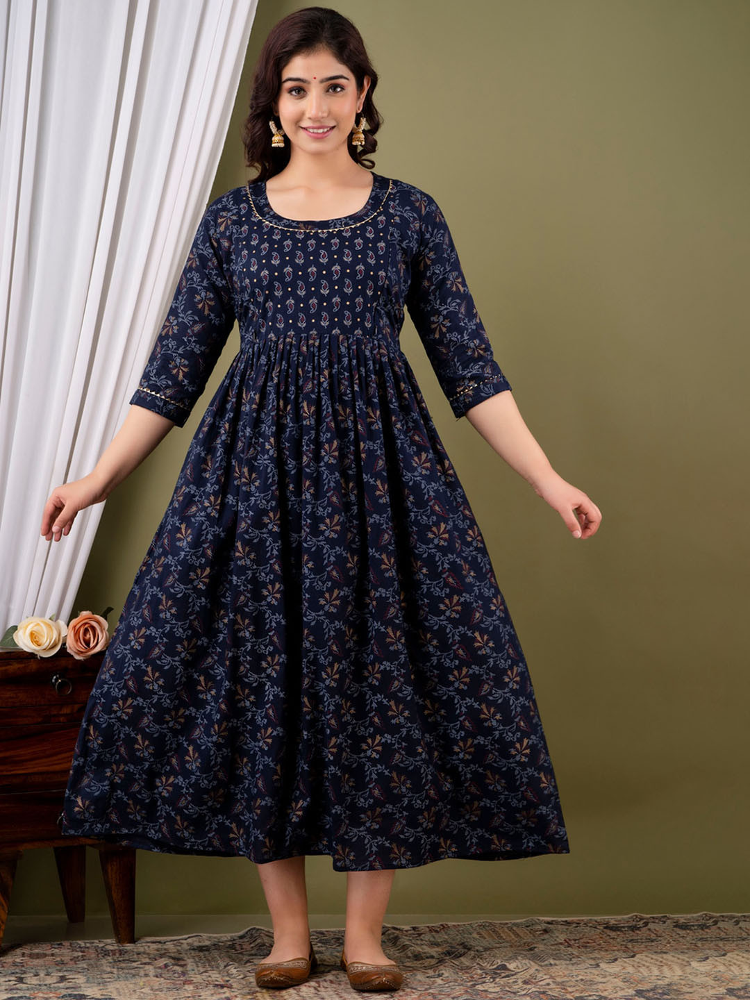 

NITVAN Floral Printed Round Neck Cotton Fit & Flare Maternity Midi Dress, Navy blue