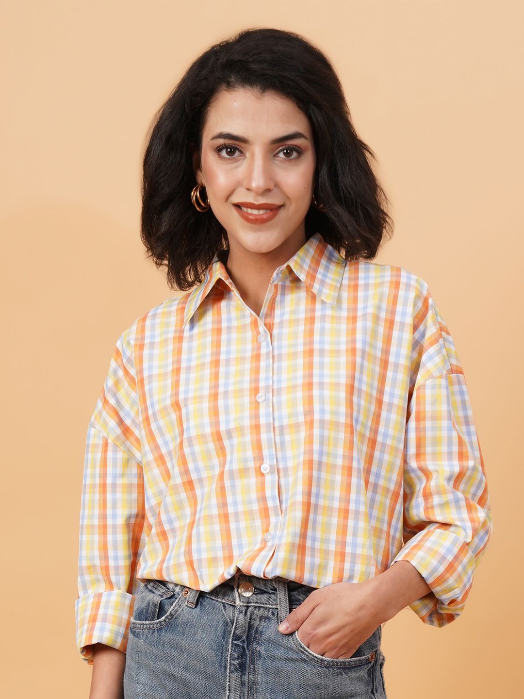 

Kotty Orange Spread Collar Checked Casual Shirt