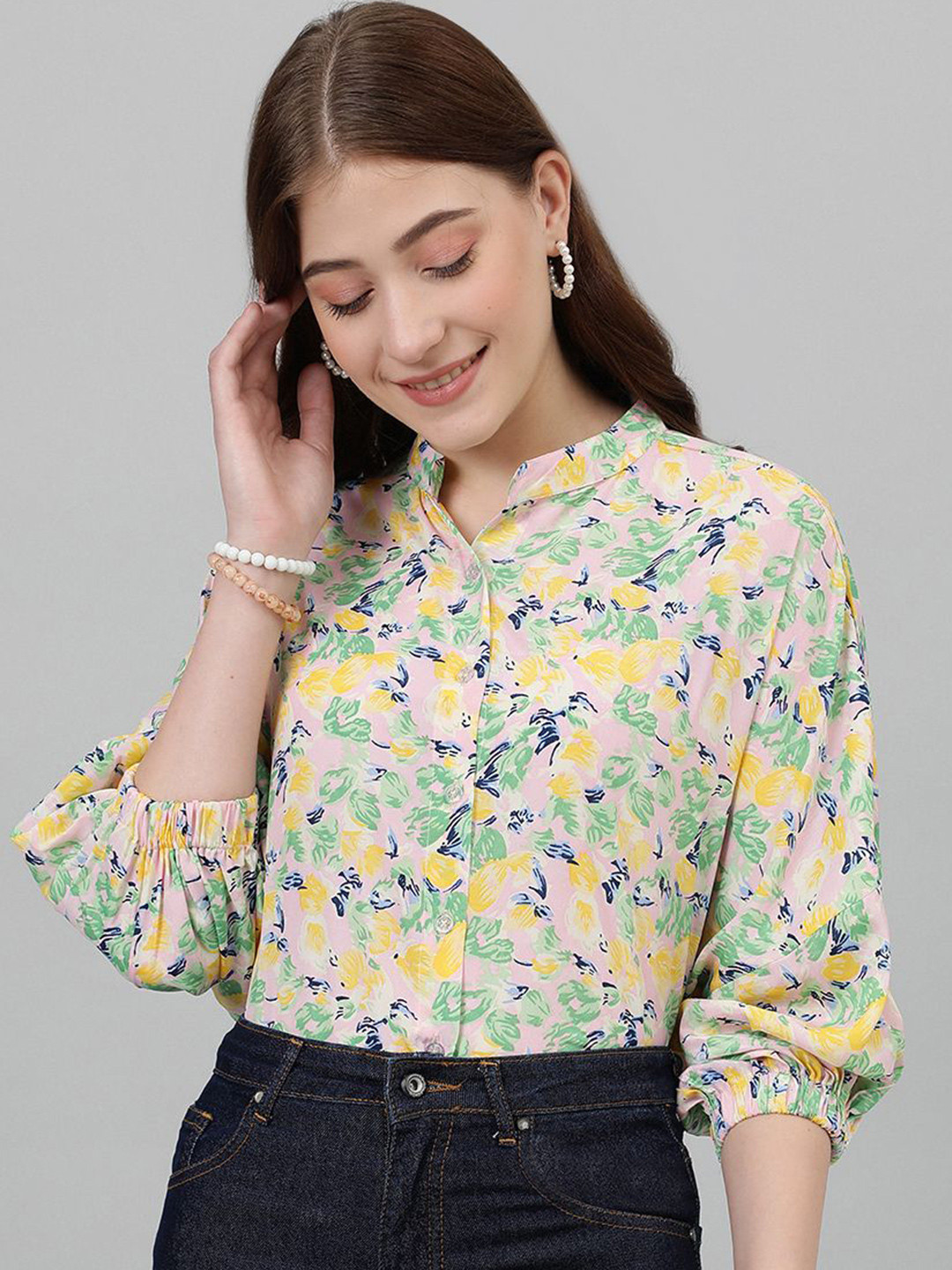 

Kotty Yellow & Pink Floral Printed Mandarin Collar Puff Sleeves Crepe Casual Shirt