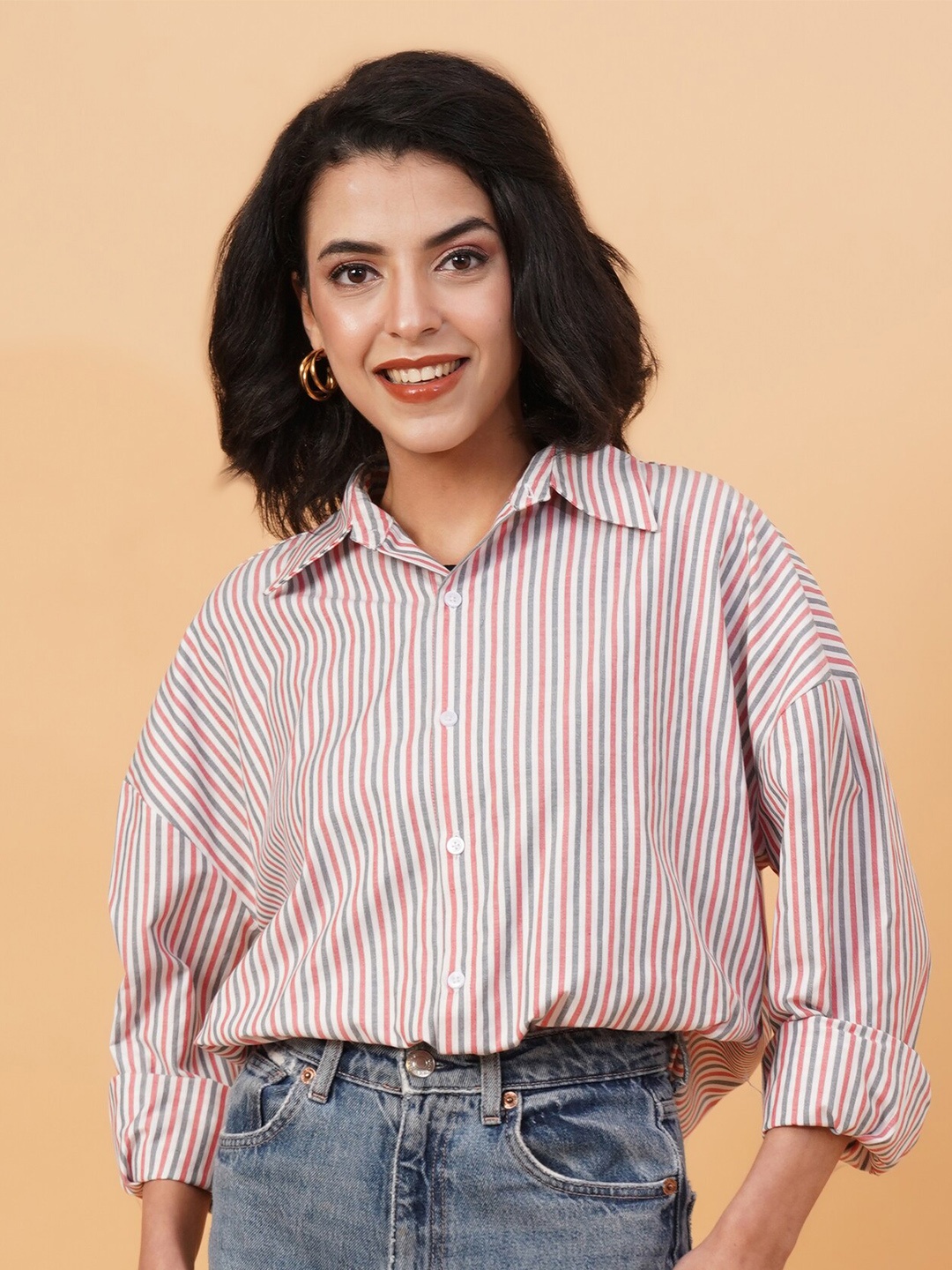 

Kotty Vertical Stripes Drop-Shoulder Sleeves Longline Casual Shirt, Grey