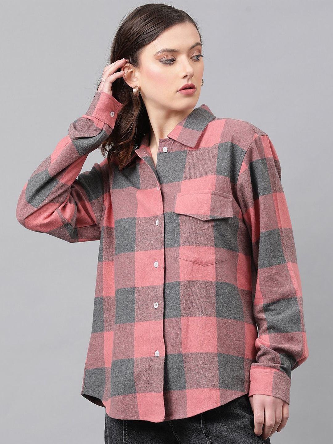 

Kotty Buffalo Checks Spread Collar Longline Casual Shirt, Black