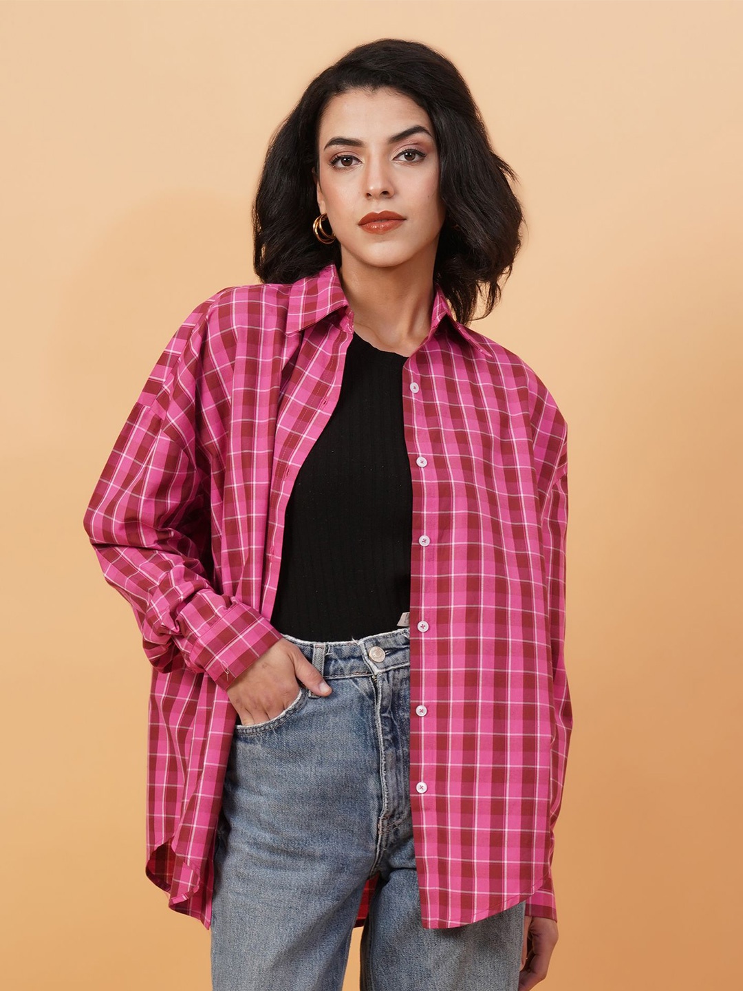 

Kotty Checked Spread Corllar Drop-Shoulder Sleeves Longline Shirt, Pink