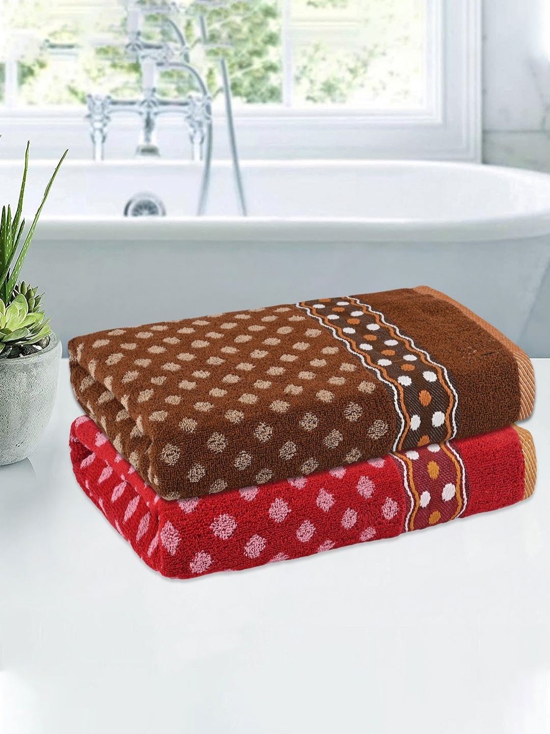 

Kuber Industries Red & Brown 2 Pieces Printed Cotton 150 GSM Bath Towel