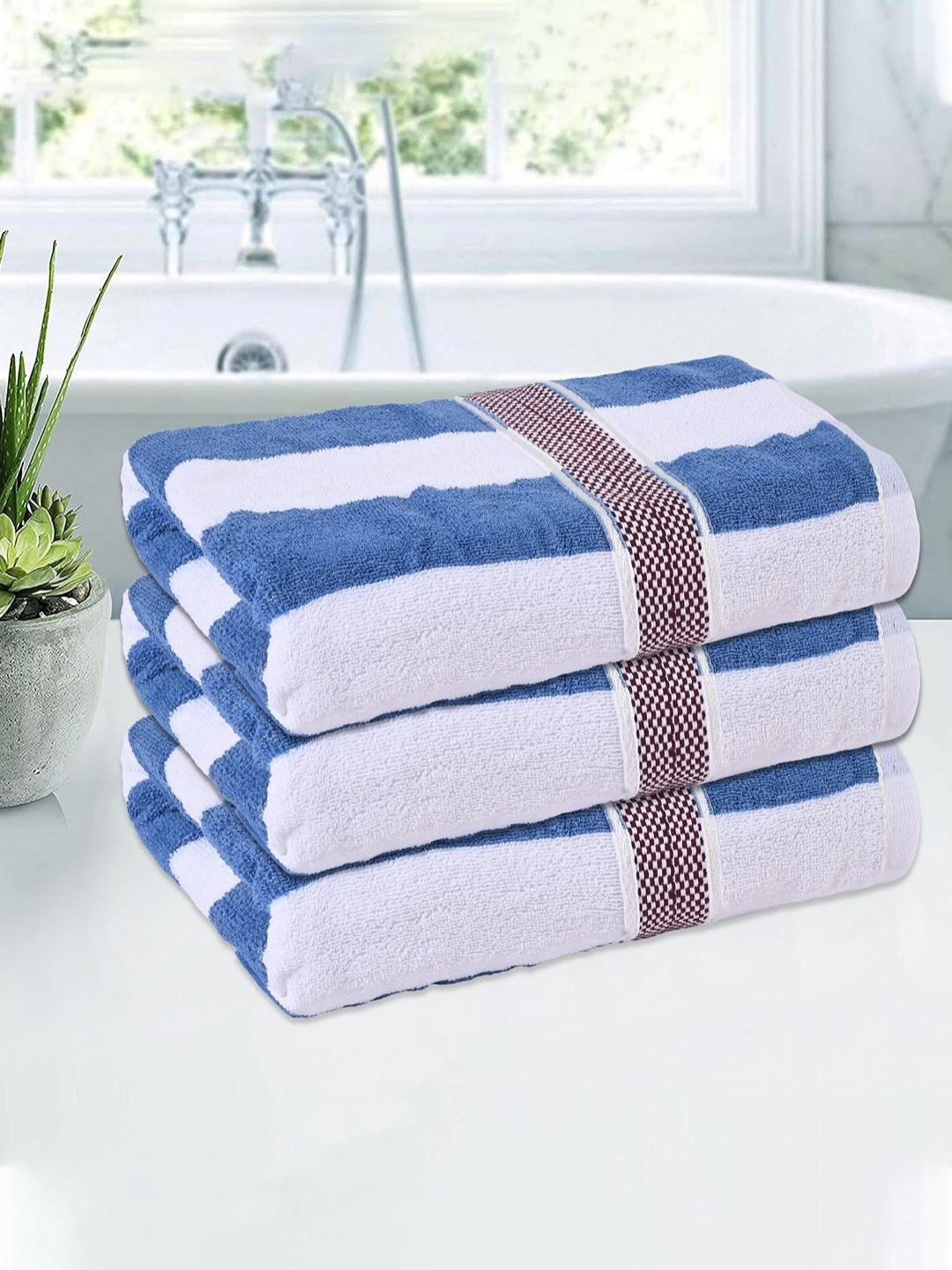 

Kuber Industries White & Blue 3 Pieces Striped Cotton 144 GSM Bath Towels