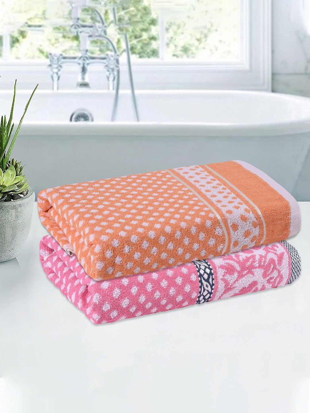 

Kuber Industries Pink & Orange 2 Pieces Printed Cotton 150 GSM Bath Towels