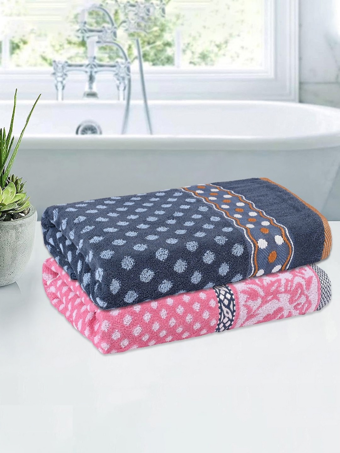 

Kuber Industries Pink & Blue 2 Pieces Printed Cotton 150 GSM Bath Towel