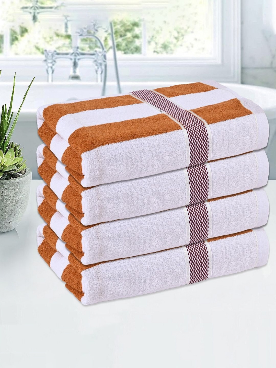 

Kuber Industries White & Brown 4 Pieces Striped Cotton 150 GSM Bath Towels