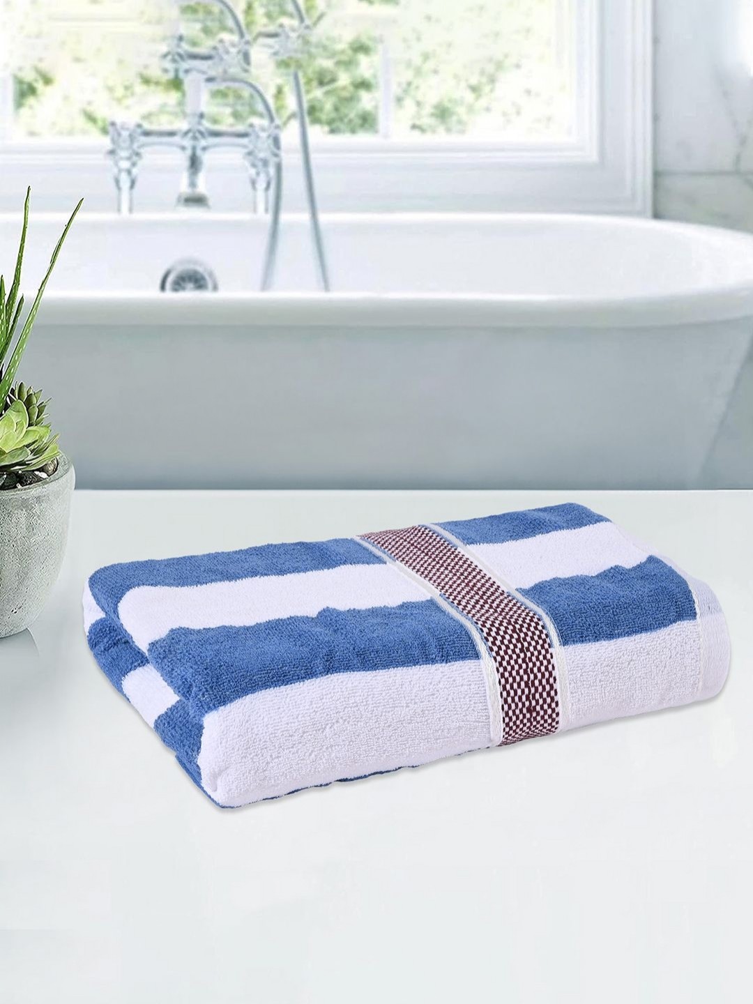

Kuber Industries White & Blue Striped Cotton 144 GSM Bath Towel