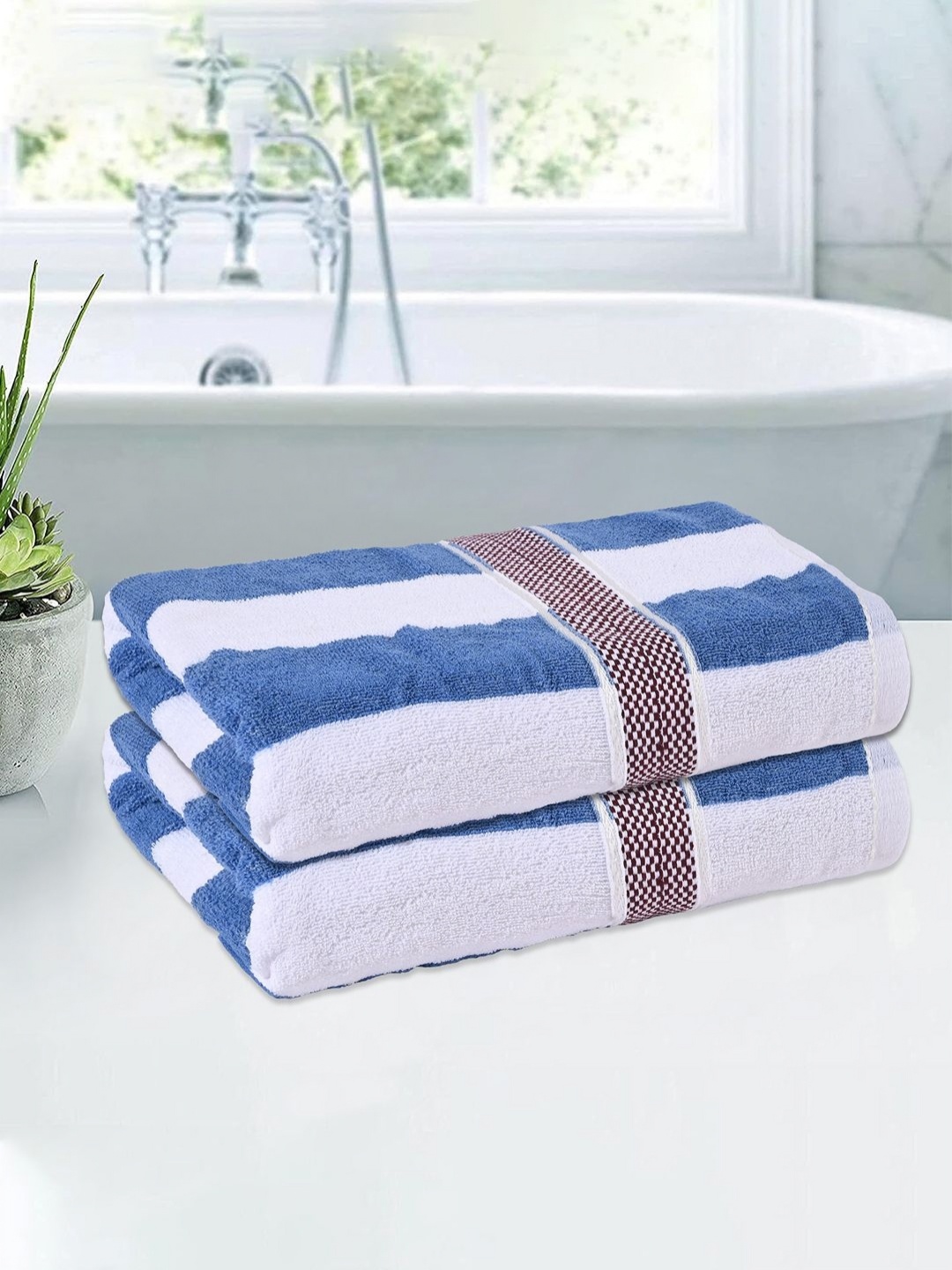 

Kuber Industries White & Blue 2 Pieces Striped Cotton 144 GSM Bath Towels