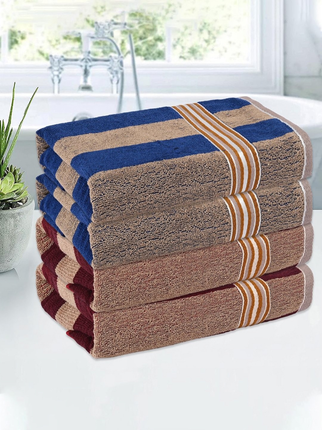 

Kuber Industries Cream-Coloured & Blue 4 Pieces Striped Cotton 144 GSM Bath Towels