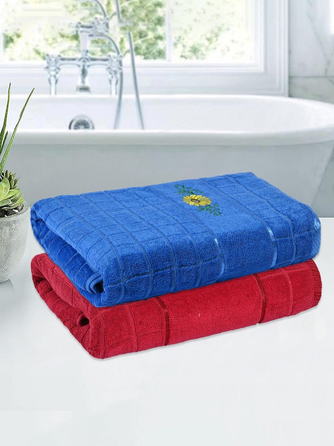

Kuber Industries Blue & Red 2 Pieces Cotton 150 GSM Bath Towel