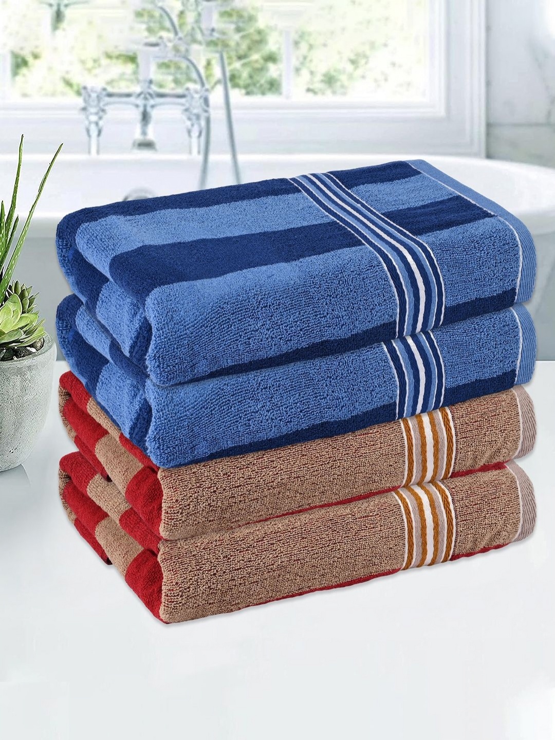 

Kuber Industries Cream-Coloured & Blue 4 Pieces Striped Cotton 150 GSM Bath Towels