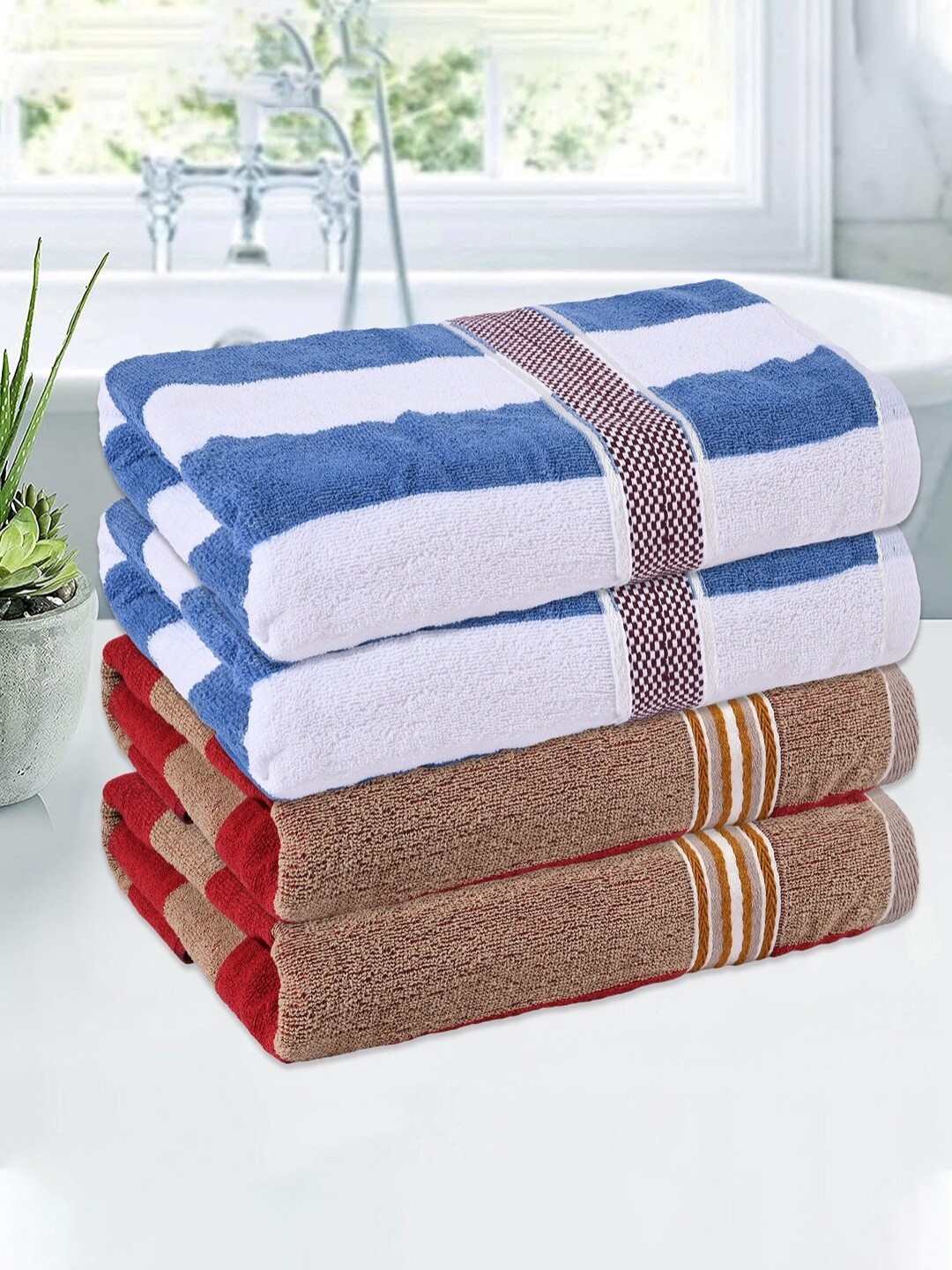

Kuber Industries Cream & Red 4 Pieces Striped Cotton 150 GSM Bath Towel