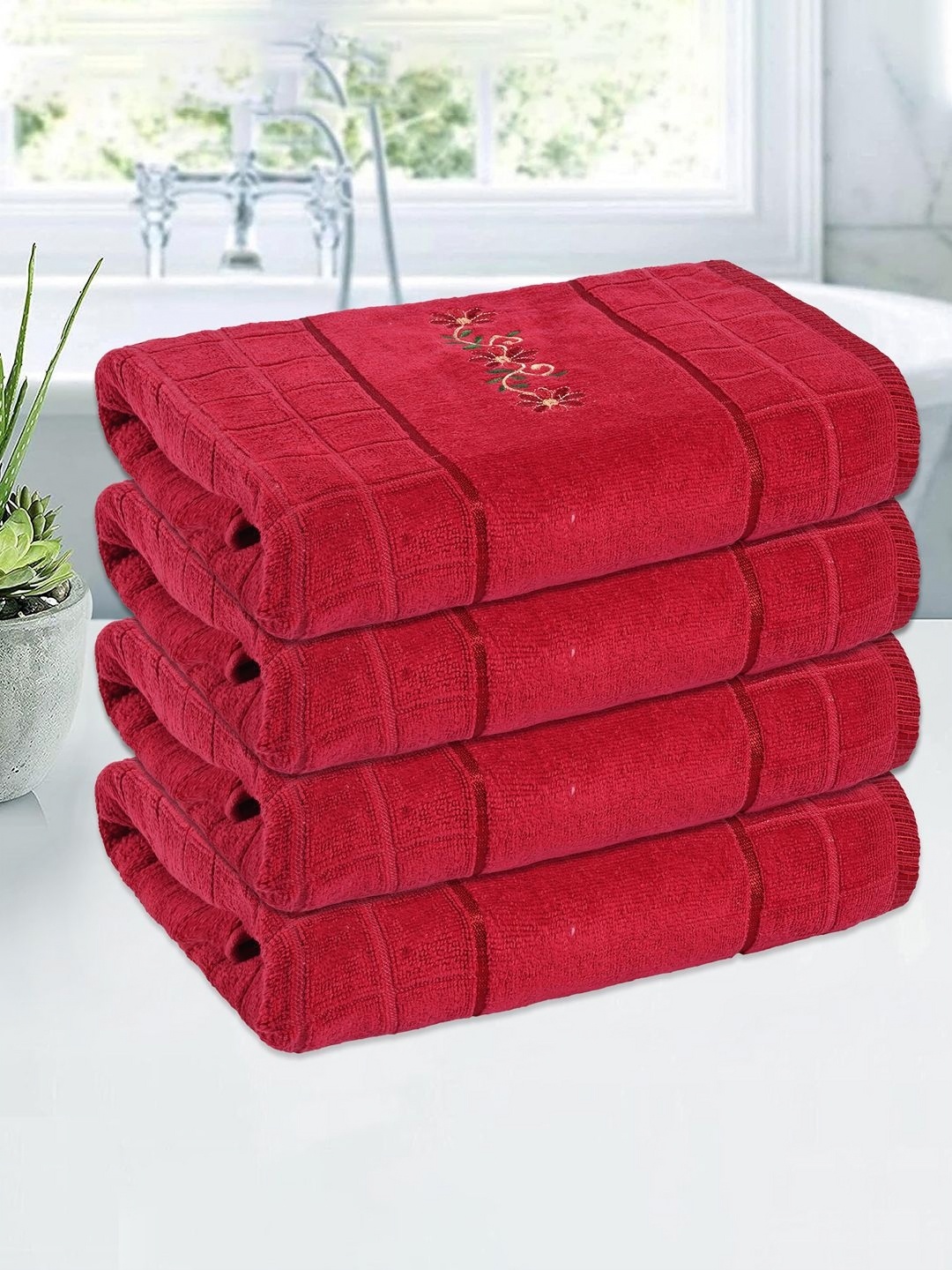 

Kuber Industries Red 4 Pieces Embroidery Cotton 144 GSM Bath Towels