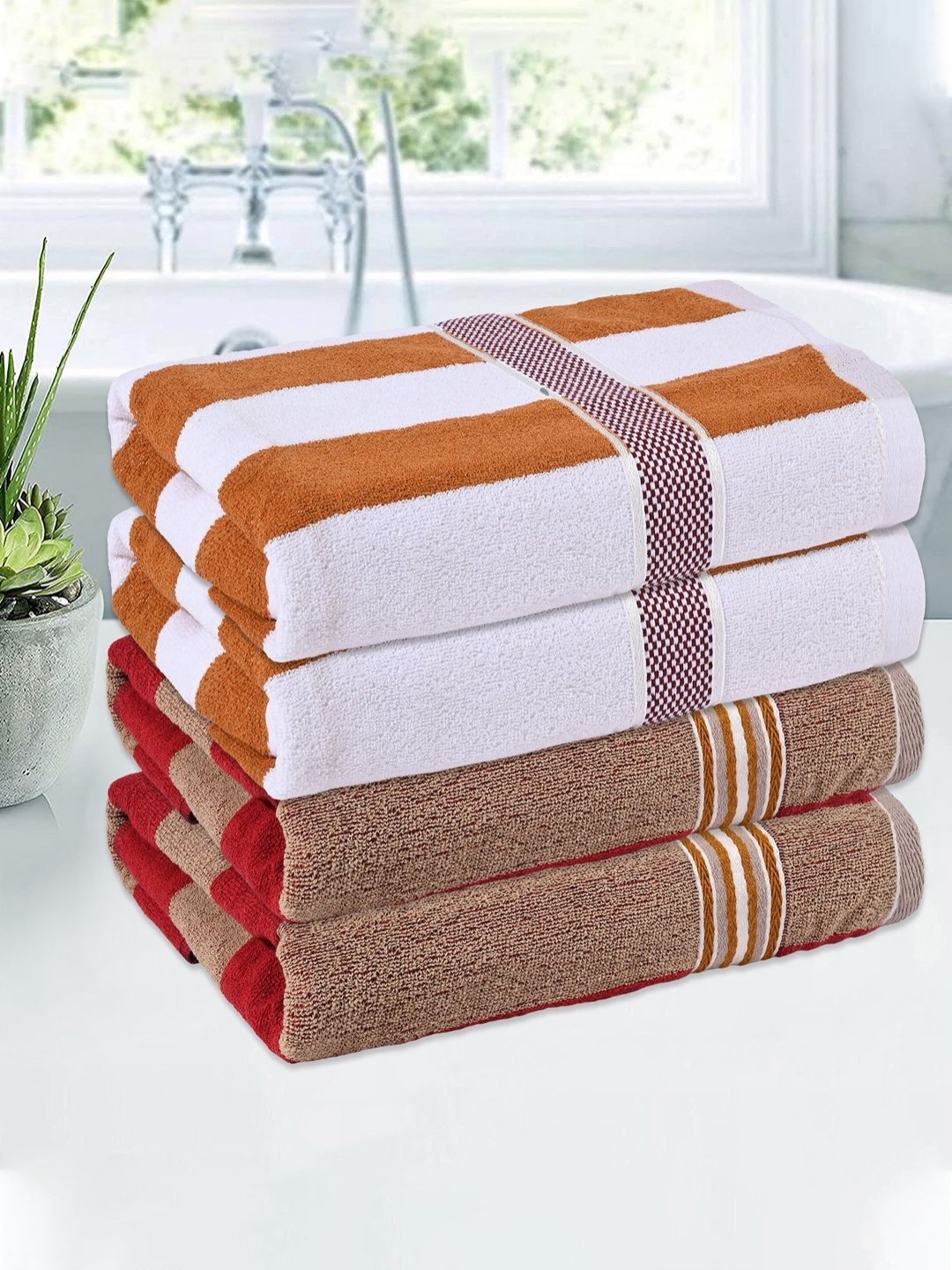 

Kuber Industries White & Red 4 Pieces Striped Cotton 144 GSM Bath Towels